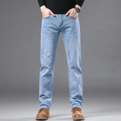 Fashion Light Blue Slim Straight Jeans Men's Spring autumn Elastic Comfortable Denim Pants Korean Casual Business Trousers