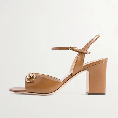 Black Cowhide Square Toe Chunky Heel One Word Buckle Sandals Metal Buckle Open Toe Modern Sandals