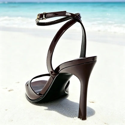 Elegant Burgundy Patent Leather High-heel Sandals Women Fashion Square Toe Stiletto Designer Shoes Sexy Open-toe Slingback Heels