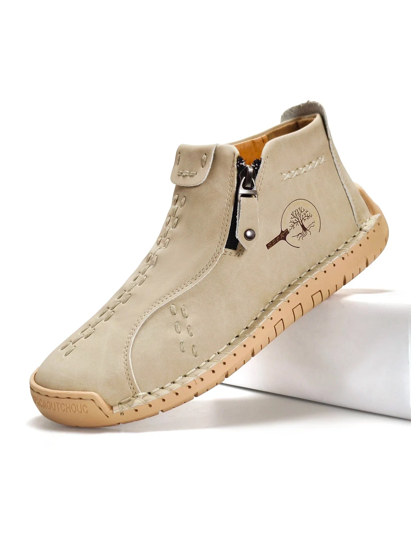 Sapatos Masculinos Clássicos de Couro Feitos à Mão, Design com Zíper, Tênis Esportivos para o Ar Livre, Sapatos Casuais Respiráveis com Elástico, Botas Masculinas de Couro no Tornozelo