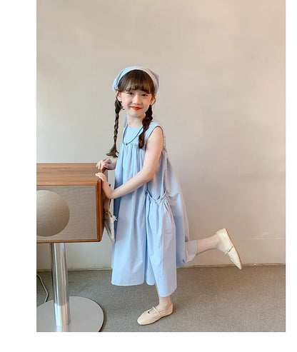 Summer Junior Girl Sleeveless Dress Solid Side Big Pockets Blue Ruched Dress For 2-10Y Girls Casual Round Collar Baby Girl Dress