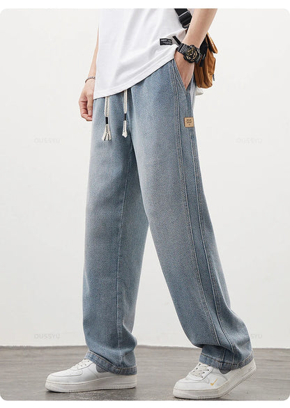 Brand Clothing High Quality Starry Sky Texture Fabric Men's Jeans Loose Straight Denim Pants Elastic Waist Drawstring Trousers