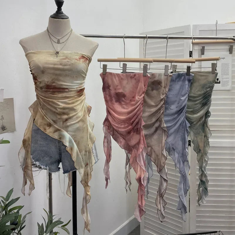 Tie Dye Summer Tops for Women Y2K Strapless Sleeveless Asymmetrical Ruffle Fishtail Ruched Stretch Mesh Vintage Clothes