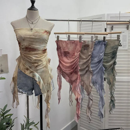 Tie Dye Summer Tops for Women Y2K Strapless Sleeveless Asymmetrical Ruffle Fishtail Ruched Stretch Mesh Vintage Clothes