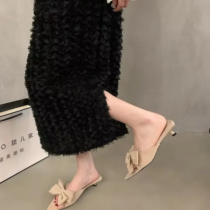 Low-heeled pointed fairy-style sandals apricot women's 2025 new summer bow French temperament sandals large size women's shoes