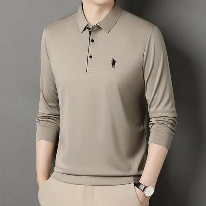 2025 Latest Autumn New Men's Long Sleeve Polo Shirt Middle Aged Business Comfortable Solid Color Men's Collar T-shirt