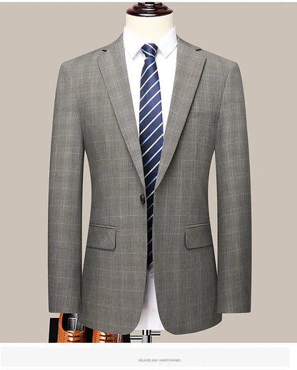 Suits (blazer+ Pants) Men Fashion Business Casual Solid Color Korean Version Slim-fit Plaid Gentleman Wedding Work S-5XL