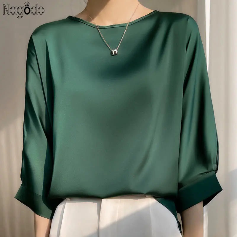 2026 New In Summer Satin Silk Half-Sleeve Tee Tops Basic Solid Women‘s T-Shirt Casual O-neck Thin Shirts Ladies Loose Blouses