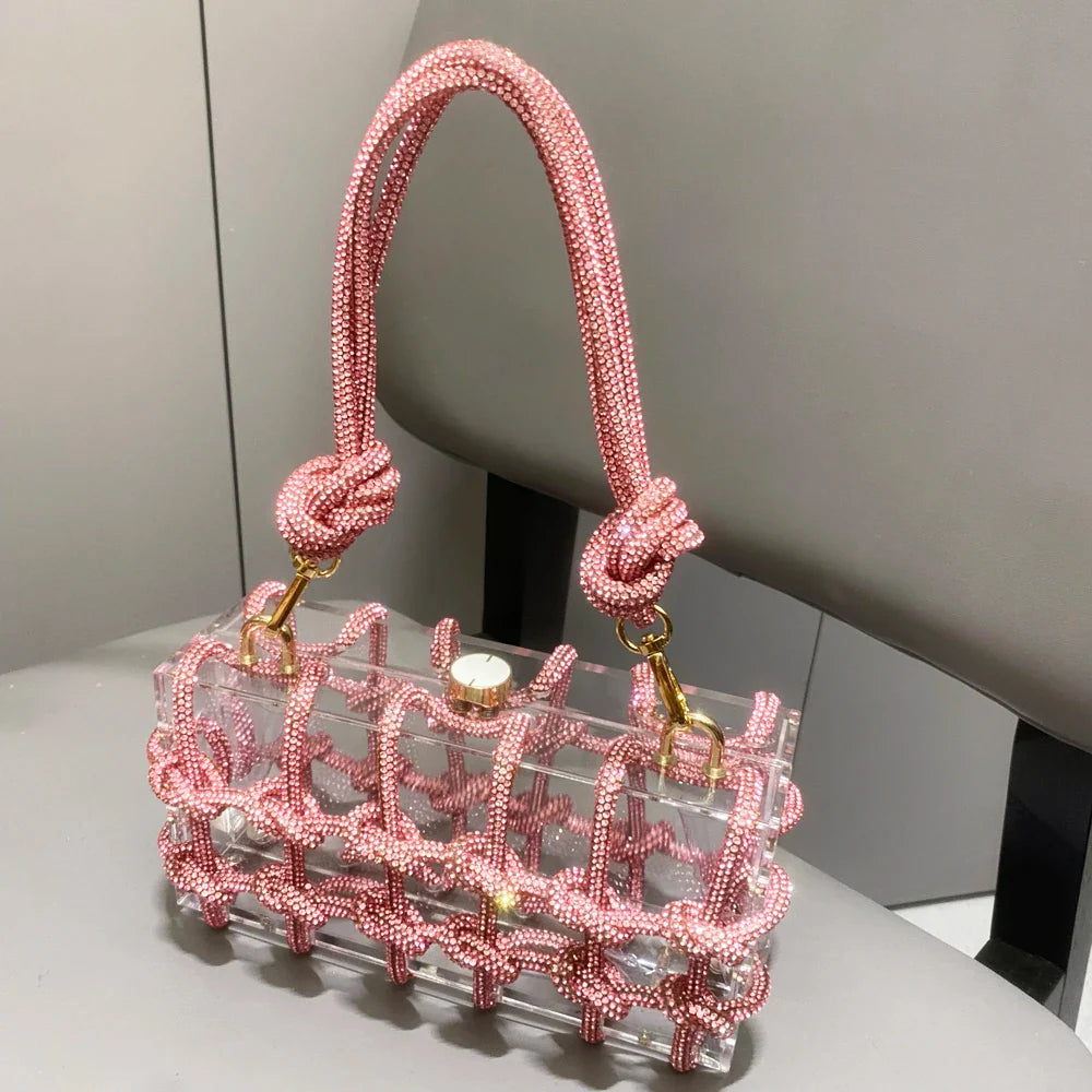Bolsa de Noite com Alça e Strass Prateada de Cristal Feita à Mão para Mulheres, Bolsas e Bolsas de Mão de Designer de Luxo para Banquete
