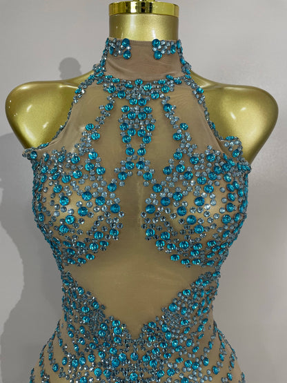 Rhinestones Sexy Mesh See Through Dress Party Evening Prom Celebrate Birthday Dress Singer Dancer Show Stage Wear