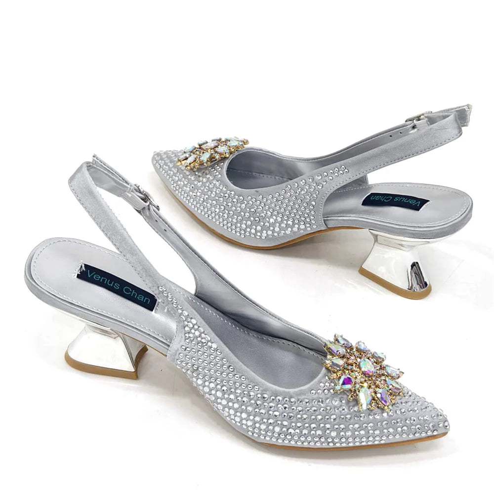 Specials Italian Women Heels Shoes and Bag Set Royal Purple Color Comfortable With Rhinestone for Party
