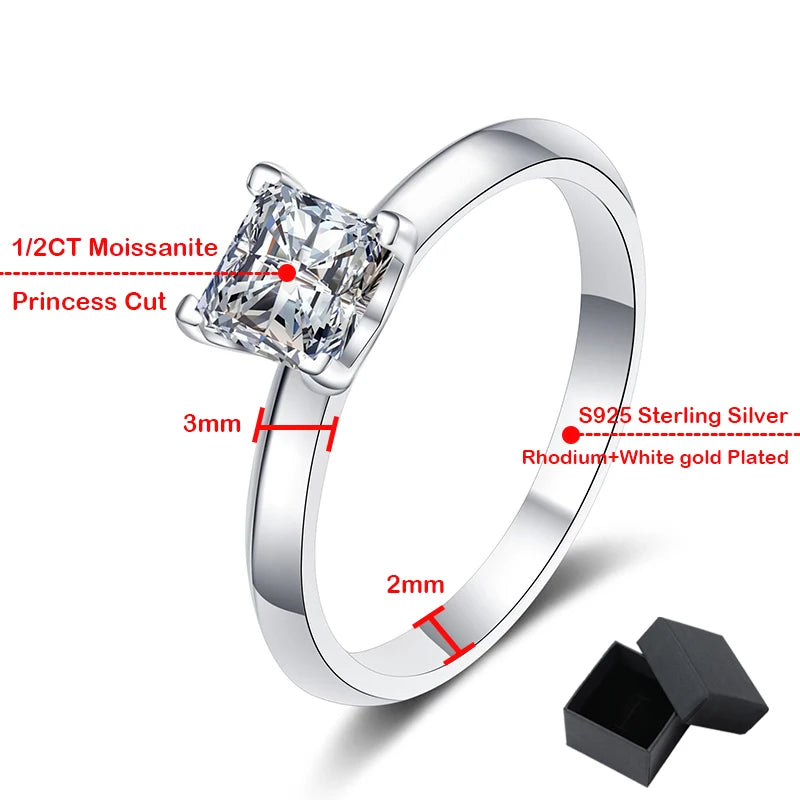 Certified Pricess Cut Moissanite Engagement Ring 1CT 2CT Colorless VVS Diamond Bridal Proposal Rings Sterling Silver Weddig Band