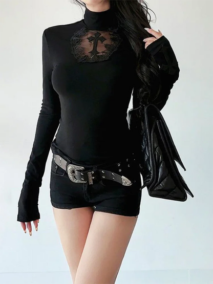 Blusa Gola Alta Y2k Roupa Gótica Preta Cruz Vazada Blusa Fina Camisa Base Feminina Manga Comprida Camiseta Sexy Blusas para Meninas