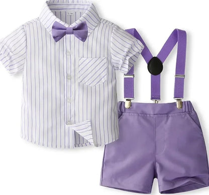 1-5Y Baby Boys Gentleman Outfit Stripe Print Short Sleeve Shirts +Bow Tie + Suspender Shorts Sets Kids Summer Clothes