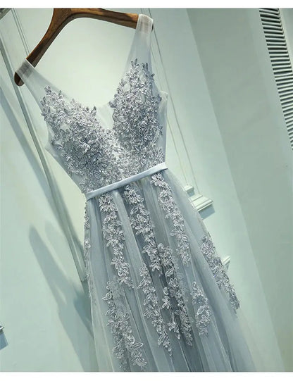 Elegant Tulle Sleeveless Silver Long Prom Dresses 2024 Applique V Neck Burgundy Evening Gowns Formal Party Vestido De Gala