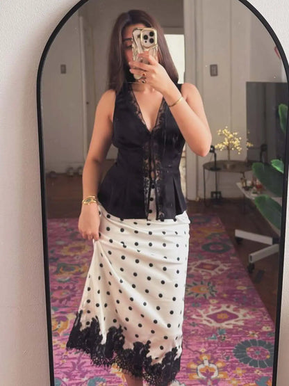 Women's Polka Dot Print Satin Skirt Sexy Lace Patchwork High Waist Skirts Chic Commute Street Party Lady Clothes for 2026 Summer