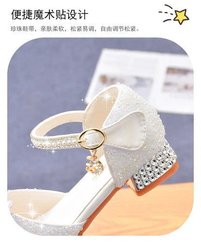 Children's Sandals Summer Princess Crystal Shoes 2024 New Girls High Heels Fashion Sequins Girls Soft Bottom Performance Shoes