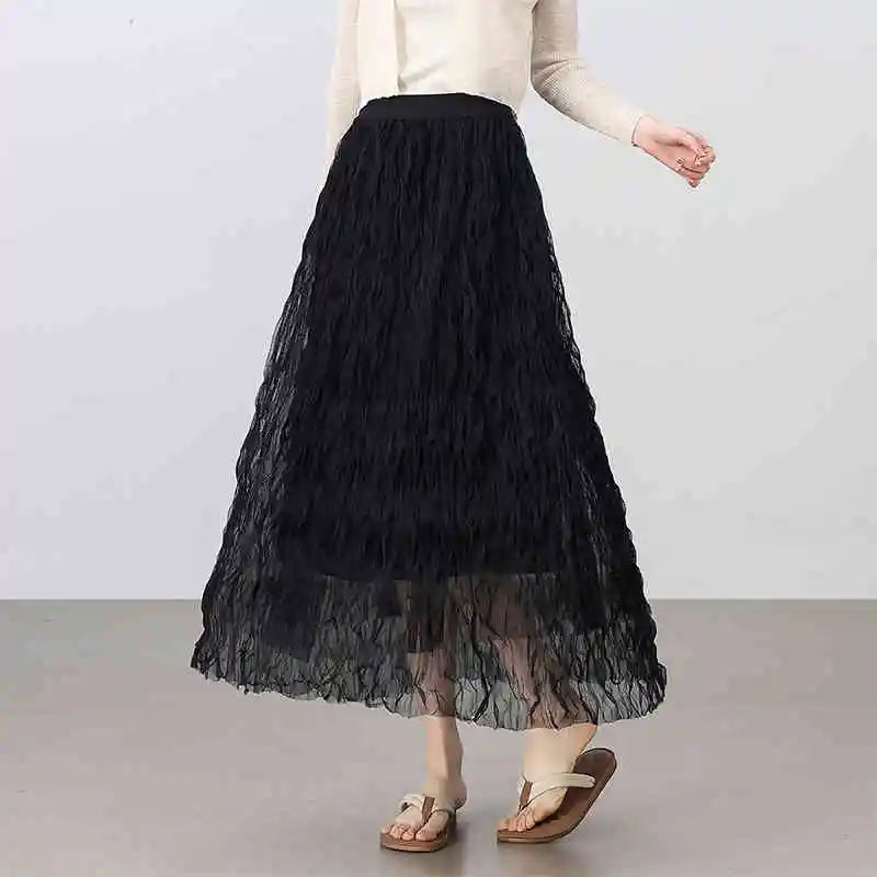 Sweet Style Mesh Skirt Women 2026 A-line Holiday Vacation High Waist Ruffles Long Skirt Woman Clothing W52Q80351