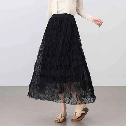 Sweet Style Mesh Skirt Women 2026 A-line Holiday Vacation High Waist Ruffles Long Skirt Woman Clothing W52Q80351