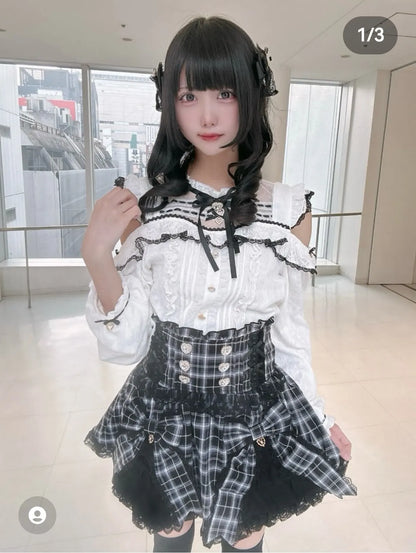 Liz Japanese New 2026 Spring Sweet Girl Heart Buckle Double Bow Lace Patchwork High-waisted Kawaii Elegant Princess Short Skirt