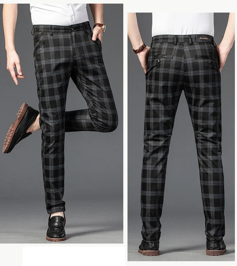 Brand Clothing Mens Casual Pants Fashion Plaid Classic Business Formal Trousers Elastic Straight Social Luxury Suit Pants