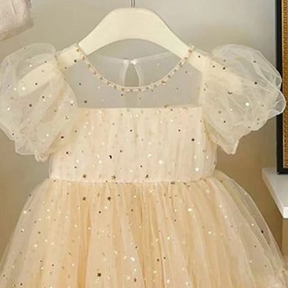 Summer Dresses Girls' Elegant Dress Girl Baby Bubble Sleeve Mesh Sequin Dress Temperament Princess Party Short Sleeve Dress
