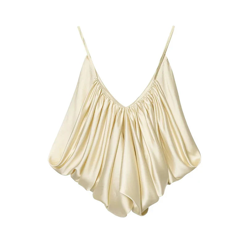 Women's Slip Tops Fashion Satin Pleated V-Neck Sleeveless Top Summer Sexy Female Chic Tops