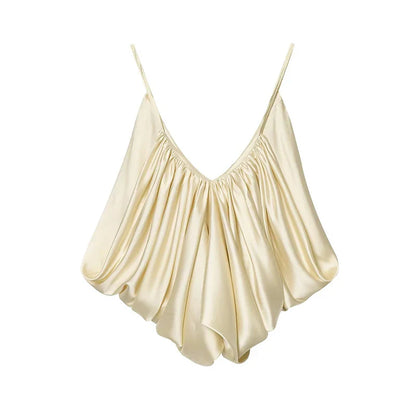 Women's Slip Tops Fashion Satin Pleated V-Neck Sleeveless Top Summer Sexy Female Chic Tops