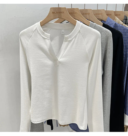 2026 Women's Basic Style Slim Fit V-Neck Long Sleeve T-Shirt Korean Style Versatile Simple Base Layer Top Casual Tee for Women