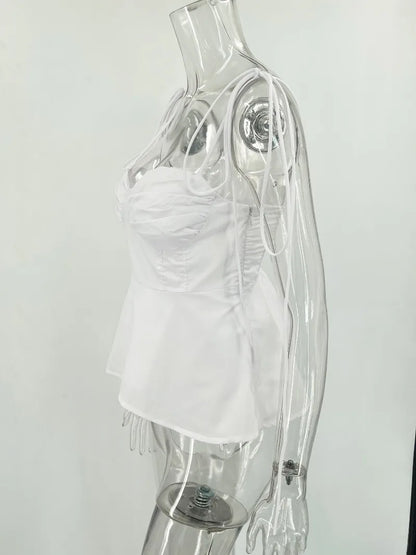 White Smocked Strappy Camisole Women's Sexy Sleeveless Ruffle Slim Bra Solid Color Streetwear Y2k Women's Tops Camisole