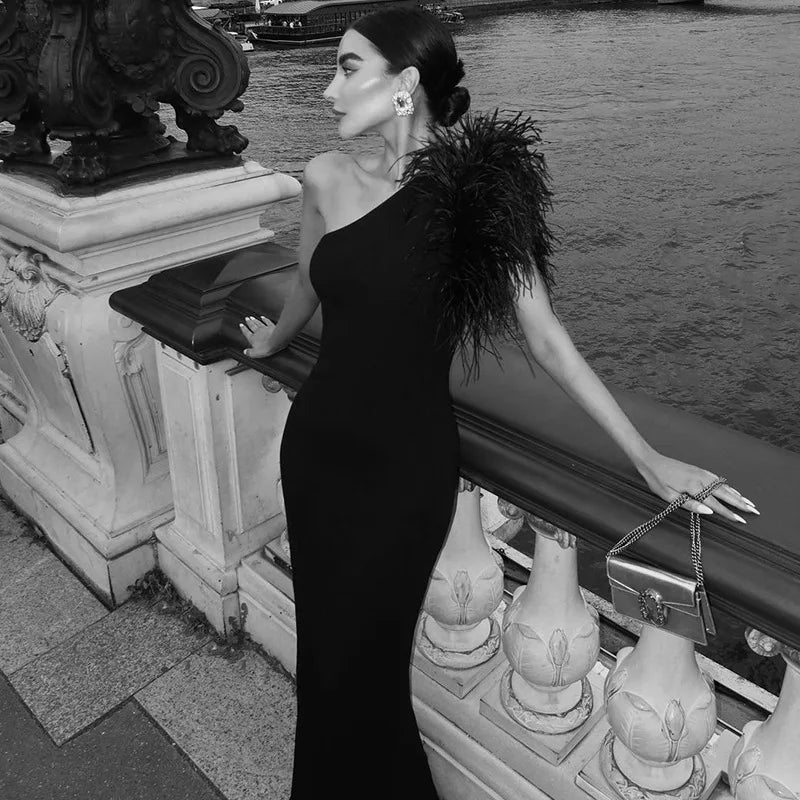 Black Sleeveless One Shoulder Maxi Dress For Women Bodycon Sexy Party Elegant Long Dress Birthday Evening Outfit