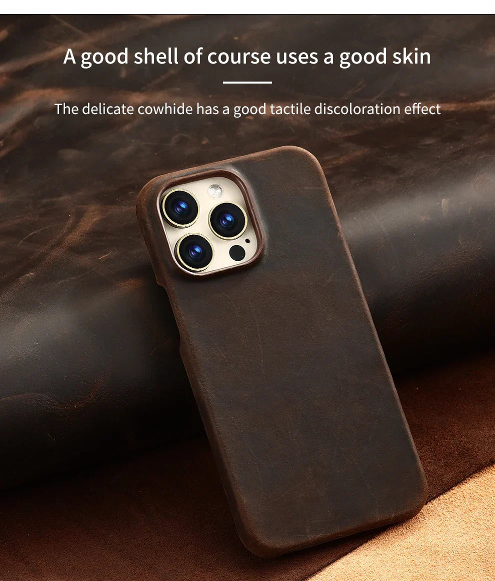 Magsafe Case for iPhone 15 16 17 Pro Max Air Retro Luxury Full Grain Cowhide Genuine Oiled PULL-UP Leather Magnetic Cover
