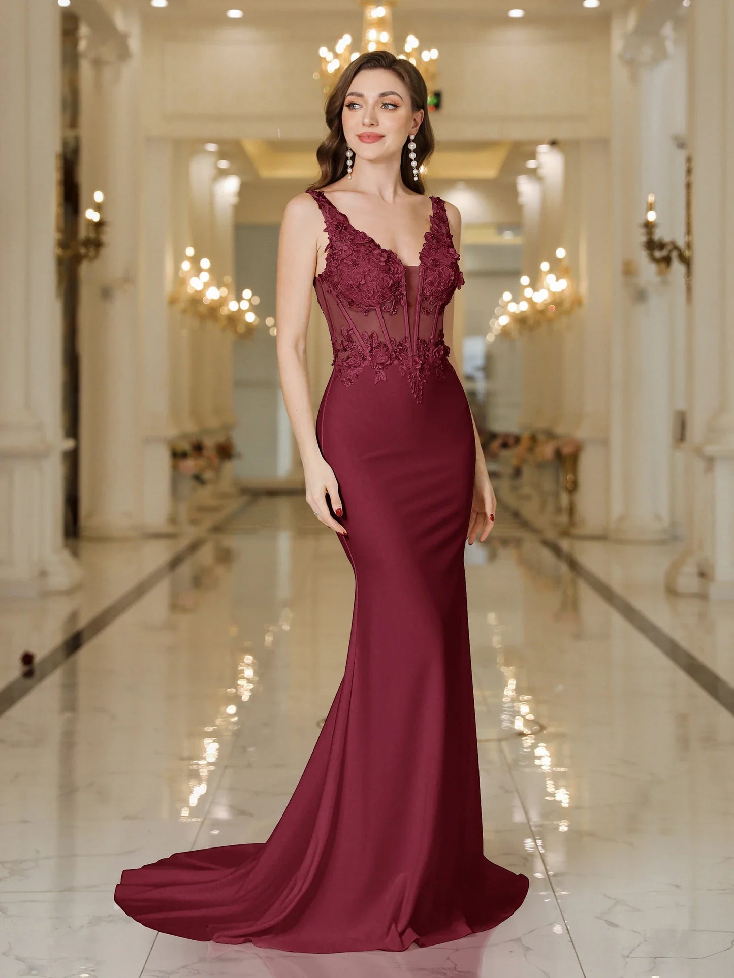 2025 Womens Mermaid Evening Dresses V-Neck Pearl Lace Appliques Straps Illusion Backless Prom Dress Train Wedding Bridal Vestido