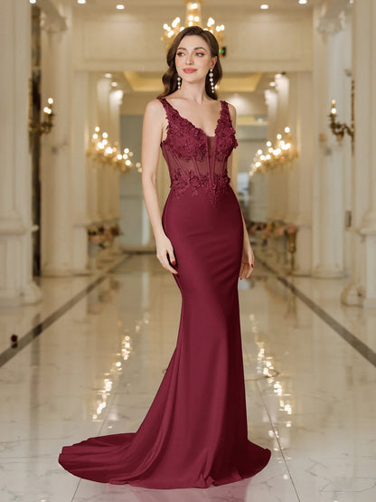 2025 Womens Mermaid Evening Dresses V-Neck Pearl Lace Appliques Straps Illusion Backless Prom Dress Train Wedding Bridal Vestido