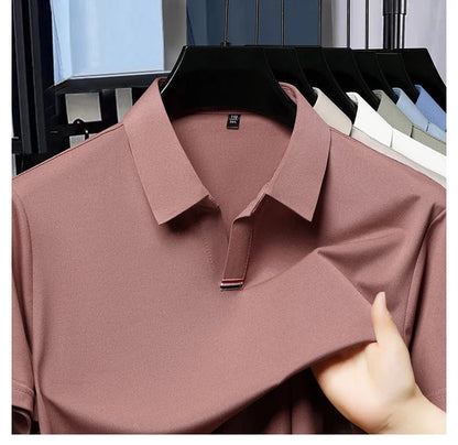 High quality brand solid color V-neck short sleeve polo shirt men summer fashion simple casual ice silk breathable lapel T-shirt