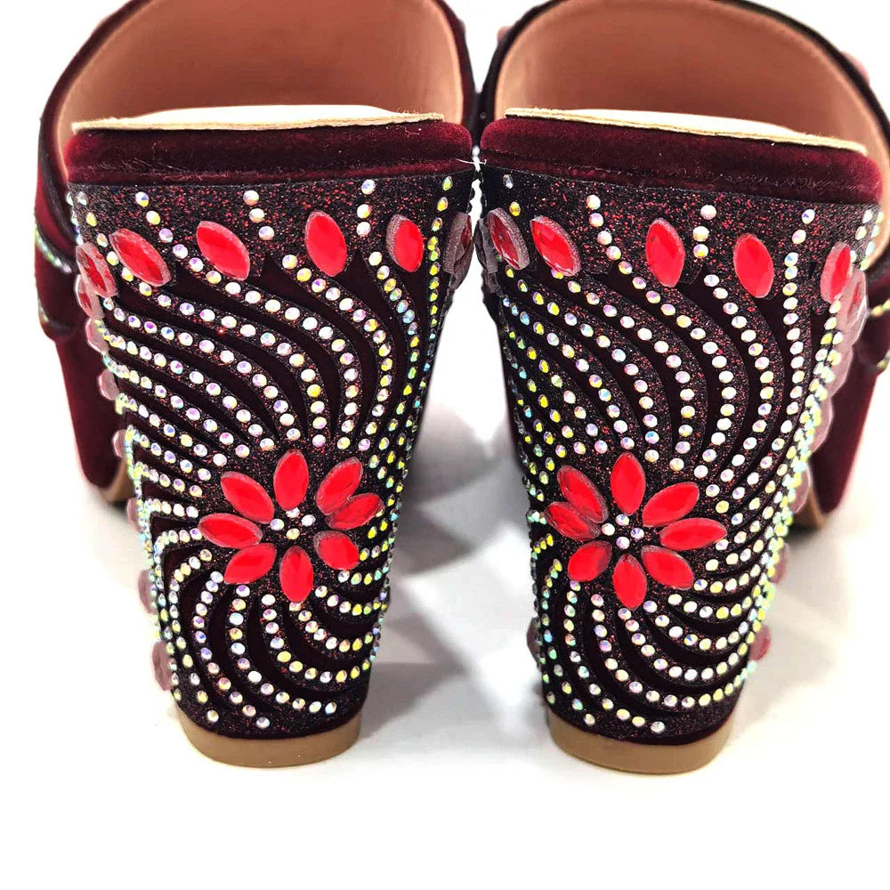 Women's Shoes High Heels Sexy Ladies Party Wedding Pattern Embroidery Mules Shoes and Bags Set for Italian