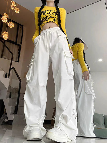 2026 New American Style Large Pocket Cargo Pants Women's Spring Summer Wide Leg Pants Loose Slimming Casual Sports Pants