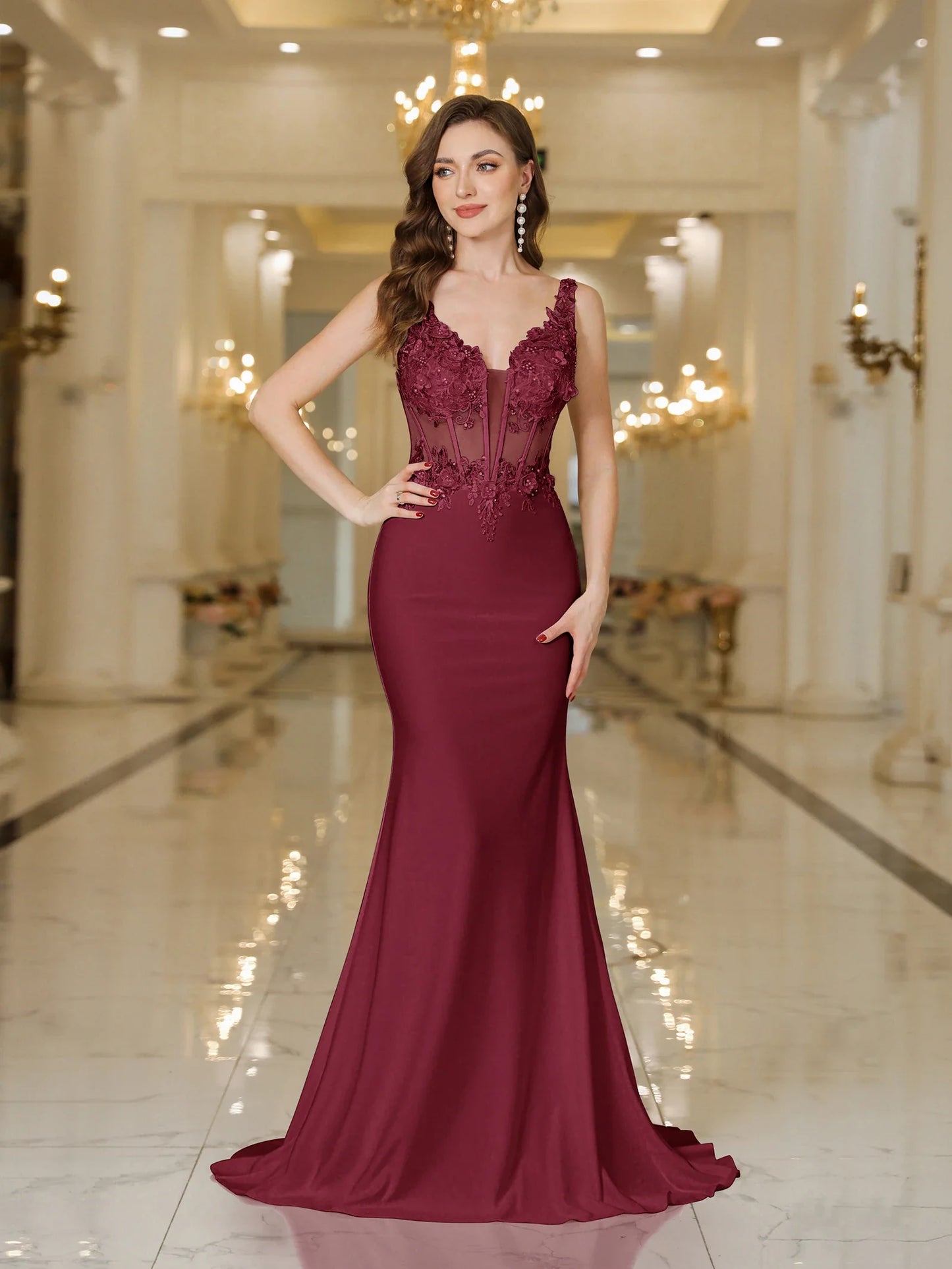 Long Mermaid Evening Dresses Burgundy V Neck Fish Bone Lace Formal Party Prom Maxi Gowns Elegant Robe De Soiree 2025