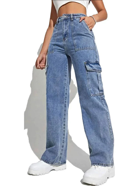 Y2K Punk High Waist Cargo Denim Pants Streetwear Pockets Skater Trousers