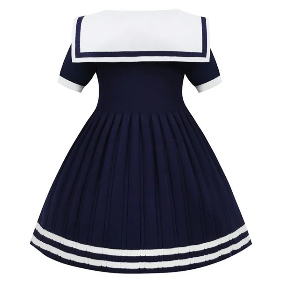 Short Sleeve Solid Color Sailor Collar Dress Girls Princess Style Birthdays Party Dress Girls Casual Dresses