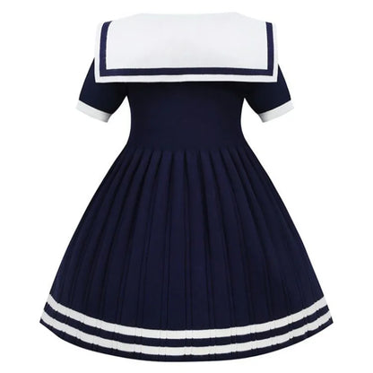 Short Sleeve Solid Color Sailor Collar Dress Girls Princess Style Birthdays Party Dress Girls Casual Dresses