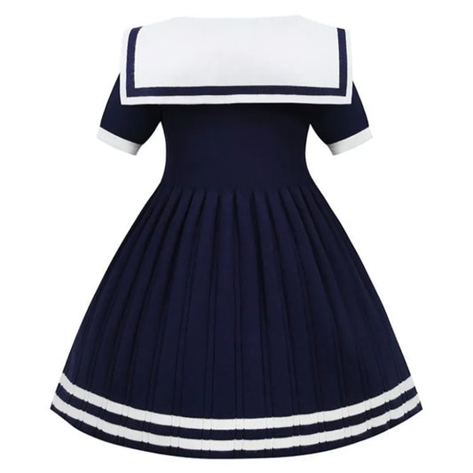 Short Sleeve Solid Color Sailor Collar Dress Girls Princess Style Birthdays Party Dress Girls Casual Dresses