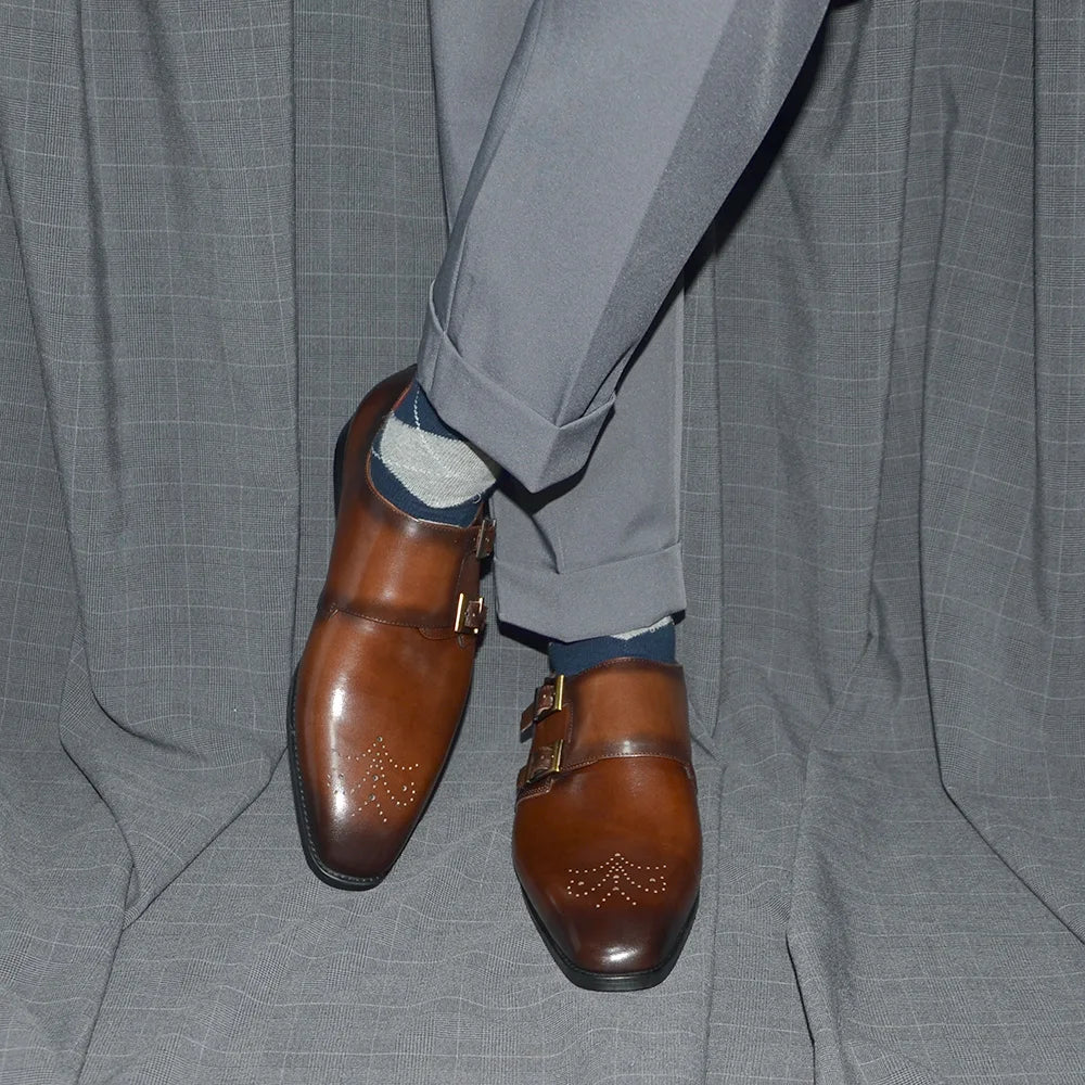 Italian Style Luxury Genuine Leather Monk Strap Men's Formal Shoes Double Buckles Brogue Pointy Toe Business Office Dress Shoes