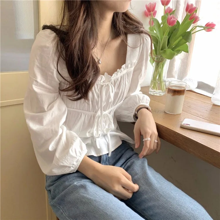 Fashoin New Vintage Loose White Blouse Women Casual Long Sleeve Ruffled Shirt Tops Fashion Square Collar Solid Lady Shirts 11700