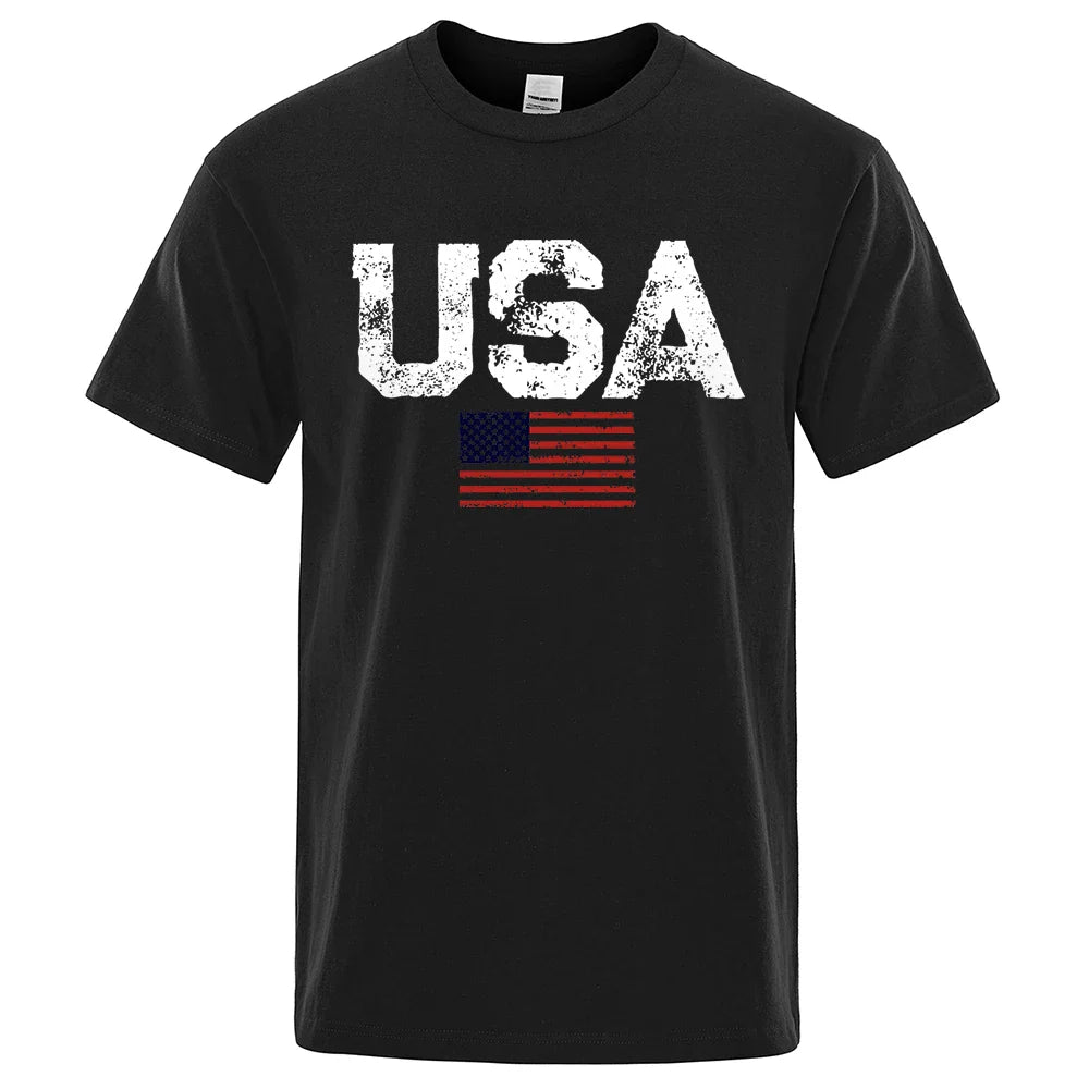 Vintage USA American Flag Print T-Shirt Men Women Patriotic Casual Cotton Tee Summer Outdoor Leisure Fashion Streetwear