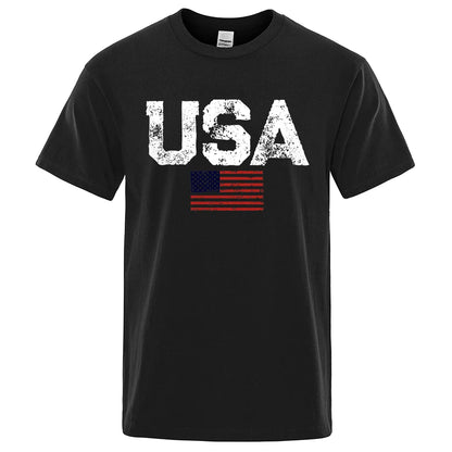 Vintage USA American Flag Print T-Shirt Men Women Patriotic Casual Cotton Tee Summer Outdoor Leisure Fashion Streetwear