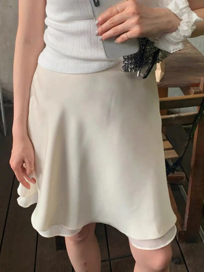 Elegant Satin Women Skirts Solid Zipper Faldas Mujer Ladies Double-layer Casual Chic Black White Dot Mini Skirt Korean Summer