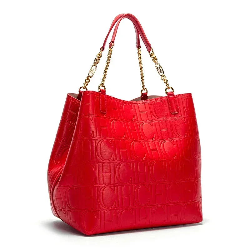 Embossed Logo Tote Bag Spacious Interior Chain Accent Top Handle Bag Casual Daily Outings Weekend Trips