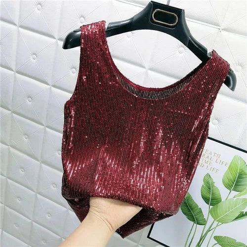 Sparkling Sequins Round Neck Vest Women's Outer Wear 2022 Summer New Bright Silk Fashion Glitter Bottoming Shirt Suspender Top