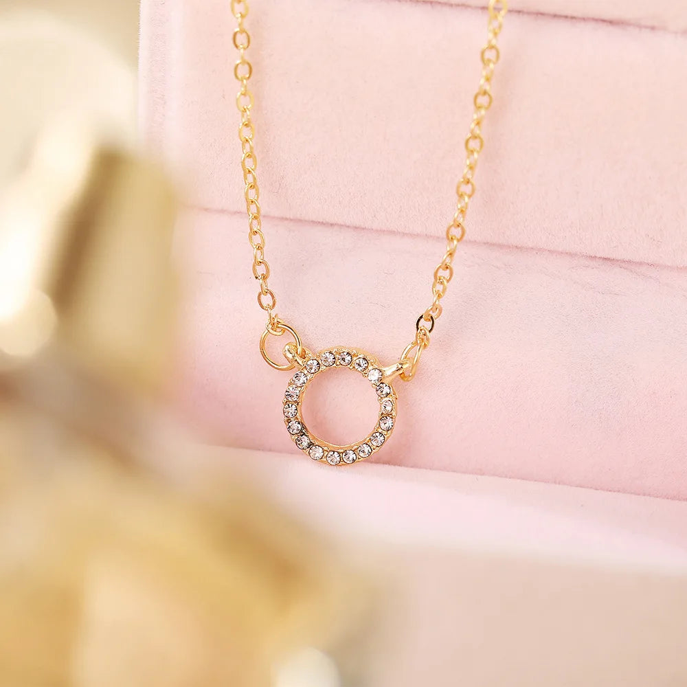 Jewelry Simple Crystal Circle Pendant Necklace Golden Color Unique Women